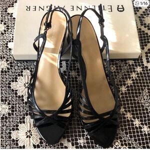 NEW Black PATENT Leather Wedge sling back Sandals Loni Etienne Aigner 10 NIB